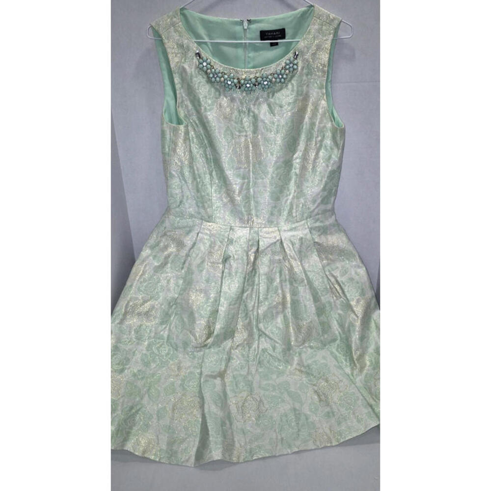 Tahari Arthur Levine Size 8 Lt Green & Gold Metallic retro Dress ~Beaded Collar